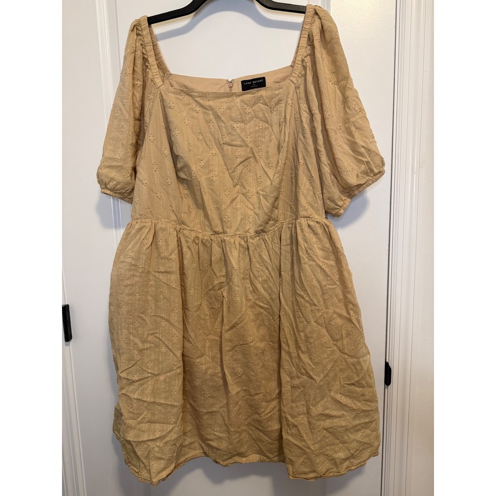 Lane Bryant Dress Womens 18 Tan‎ Excellent Puff Sleeve Clip Dot Square Neck